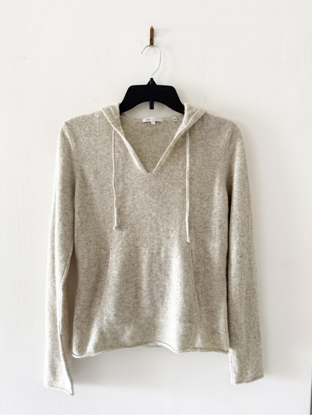 Vince 100% Cashmere Light Gray Pullover V-Neck Hooded Sweater Size Large (L)